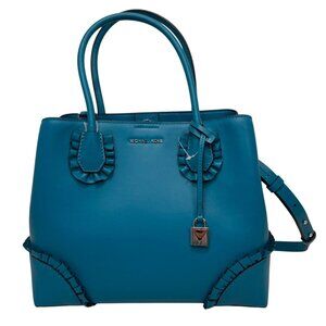 Michael Kors Teal Leather Handbag With Ruffled Accents & Adjustable Strap
